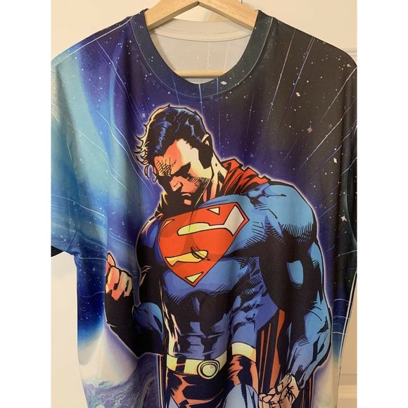 Superman Superhero Graphic Shirt All Over‎ Print Double Sided Men’s Sz L - Picture 1 of 6